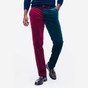 NEW Bononbos Colorblock Corduroy Tailored Pants Stretch Burgundy Green 35 x 34